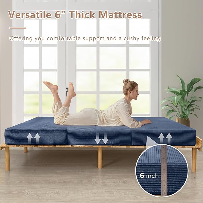 BYBYME Tri-Folding Corduroy Mattress, 6 Inch Gel Folding Mattress Topper, Foldable Soft Guest Bed Camping Pad, Washable Cover (Bluestone, Full)