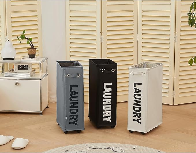 DOKEHOM 25-Inches Slim Laundry Basket on Wheels, Collapsible Rolling Laundry Hamper, Foldable Narrow Corner Clothes Storage Bins (Beige)