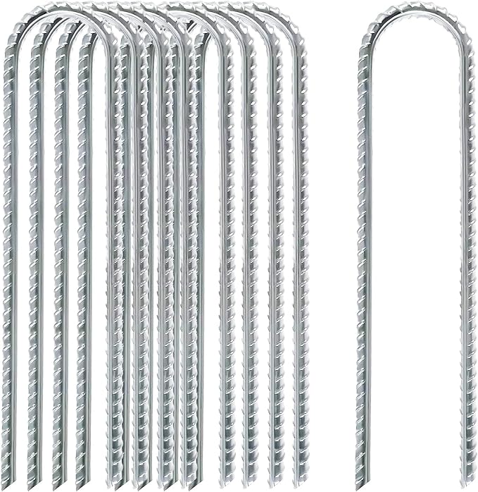 12 Inch Rebar Stakes Heavy Duty, 10 Pack Garden Stake U-Hook, Galvanized Rust Proof Metal Stakes for Tent, Landscape,Outdoor Decorations, Fabric Ground Cover, Tube Fixing (Silver, U-12in-10pc)