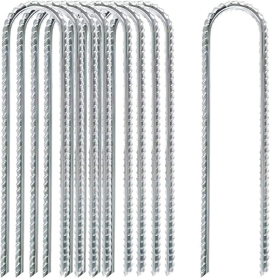 12 Inch Rebar Stakes Heavy Duty, 10 Pack Garden Stake U-Hook, Galvanized Rust Proof Metal Stakes for Tent, Landscape,Outdoor Decorations, Fabric Ground Cover, Tube Fixing (Silver, U-12in-10pc)