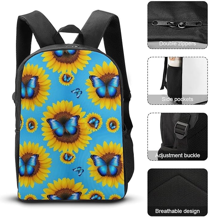 Sports Gym Outdoor Backpack Blue Monarch Butterfly Sunflower College Bookbag with Large Capacity Rucksack for Men Women