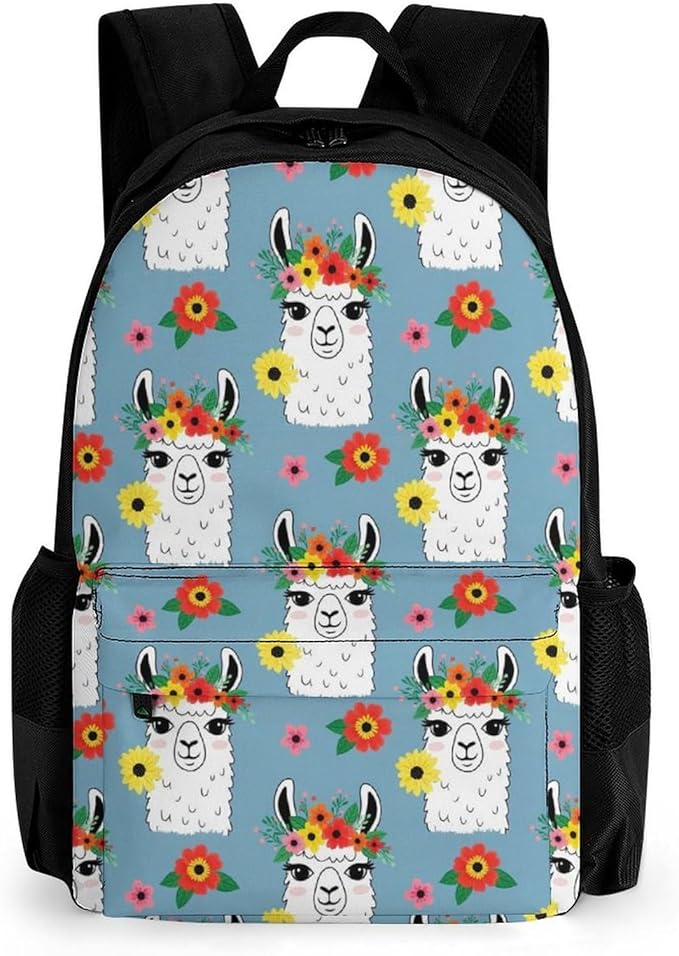 Rucksack Polyester Anti-Theft Multipurpose Alpaca Llama Flower Carry On Bag Large Capacity Travel and Sport Backpack Rucksack With Smooth Zippers