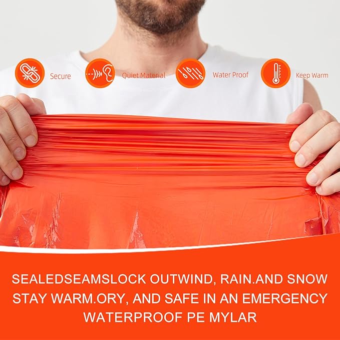 Emergency Sleeping Bag & LED Beanie Kit - Portable Bivy Sack Blanket, Winter Warm Knitted Hat with Light, Waterproof Survival Gear for Camping Hiking Adventure