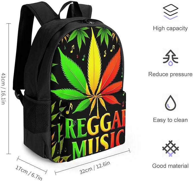 Polyester Daypack Backpack for Trekking Picnic Walking Cycling, Large Capacity Anti-Theft Multipurpose Shoulder Bag, Rasta Flag Weedleaf Leaves Reggae Music Casual Daypack
