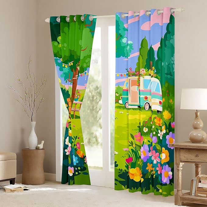 Erosebridal Happy Camping Window Drapes Camper Blackout Curtains 42" Wx63 L Rv Camper Curtains for Bedroom Living Room,Spring Camping Themed Floral Window Treatments 2 Panels