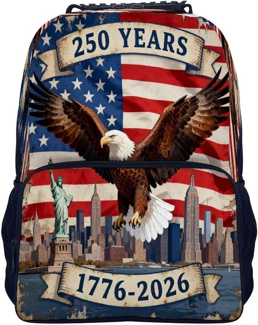 Men Women Polyester 250th Anniversary 1776-2026 Patriotic Eagle Art Backpack Large Capacity Bookbag With Smooth Zippers for Climbing Picnic Bicycle
