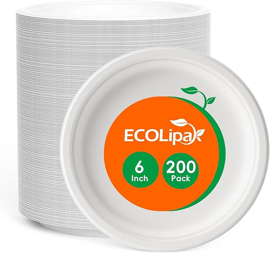 ECOLipak 6 Inch Disposable Compostable Small Paper Plates, 200 Pack Recycled Sugarcane Bagasse Biodegradable Heavy Duty Mini Dinner Appetizer Cake Dessert Plates for Party(White)