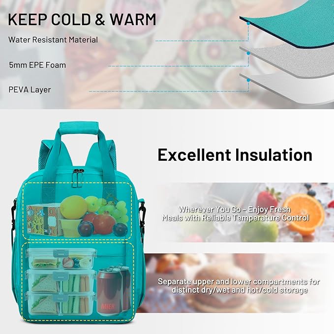 MIER Backpack Cooler 24 Cans Insulated Double Deck Soft Coolers Bag Lightweight Lunch Back Pack Women Men for Beach Travel Work Fishing,Teal