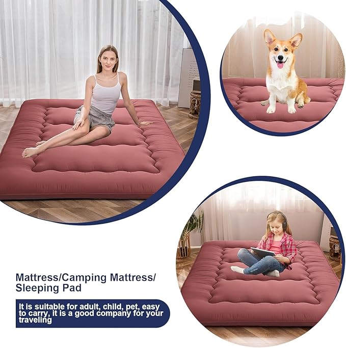 Japanese Floor Mattress,Thicken Japanese Floor Sleeping Pad Foldable,Roll Up Tatami Mat Easy to Store and Portable,Futon Mattress Suitable for Camping and Guest Room (Red, Twin (80" x 36"))