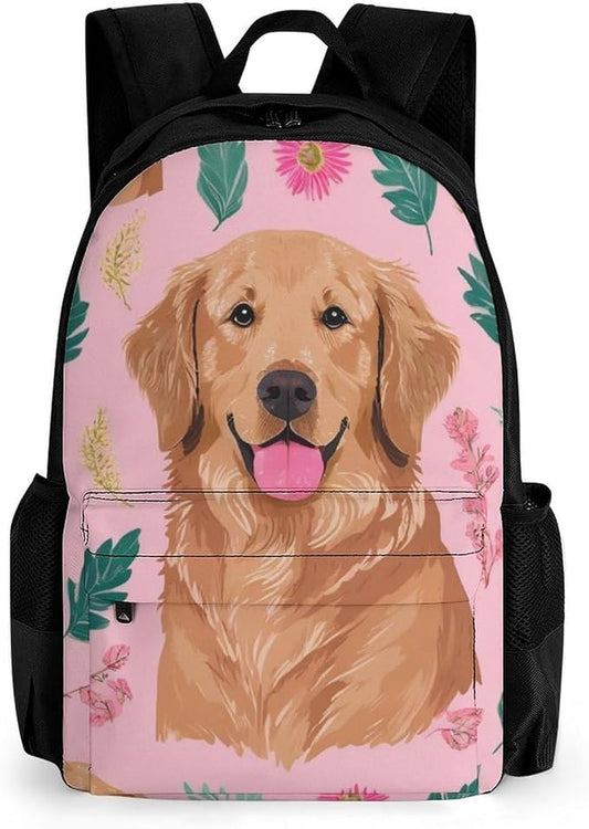 Supdreamc Men Women Lightweight Cute Golden Retriever Dog Pink Casual Daypack Big Capacity Bookbag With Padded Straps for Gym Travel Walking Cycling