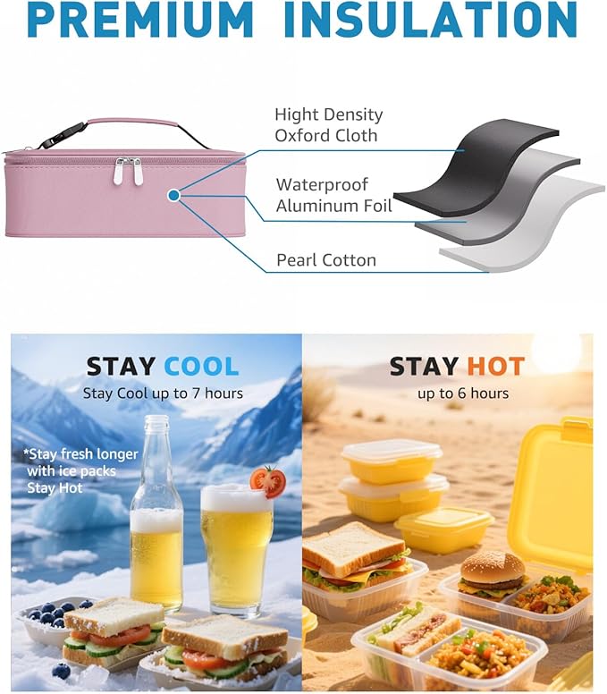 Small Lunch Box Insulated Lunch Bag for Women Men, Bento Kids Lunch Box, Compact Portable Thermal Meal Cooler Bags with Buckle Handle for Work & School, Pink 5L