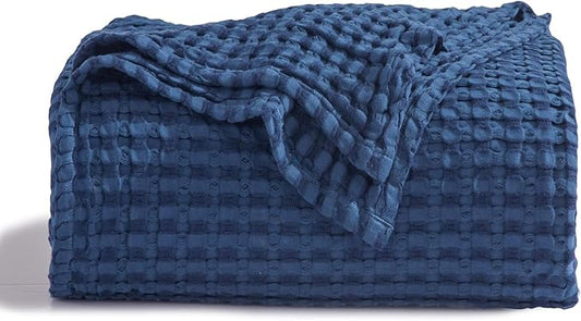 Bedsure Cooling Cotton Waffle King Size Blanket - Lightweight Breathable Summer Blanket of Rayon Derived from Bamboo for Hot Sleepers, Luxury Throws for Bed, Couch and Sofa, Navy, 104x90 Inches