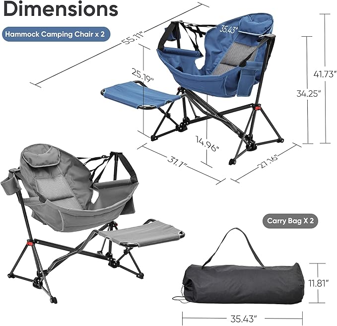 Ainfox Hammock Camping Chair with Footrest, Heavy Duty Foldable Portable Rocking Hammock Chairs Outside Swinging Camp with Cup Holder Pillow for Outdoor Patio Poolside Grey Dark Blue