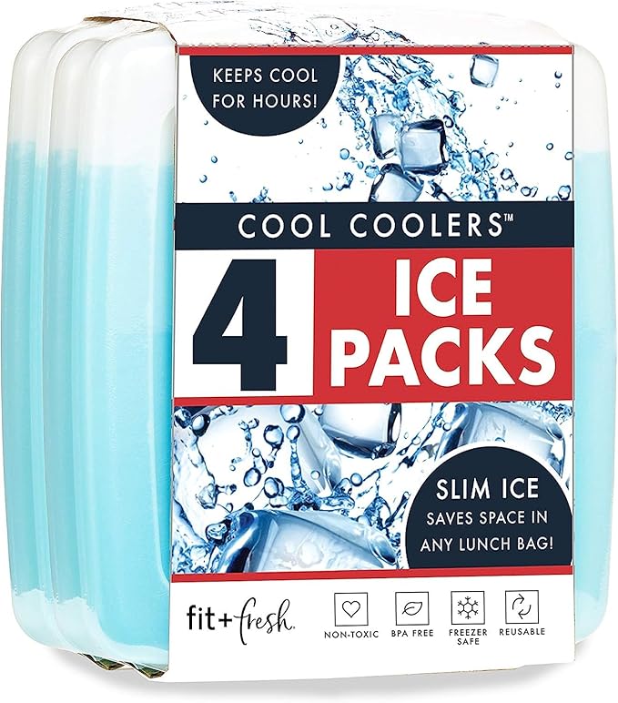 Cool Coolers By Fit & Fresh 4 Pack Slim Ice Packs, Quick Freeze Space Saving Reusable Ice Packs for Lunch Boxes or Coolers, Blue