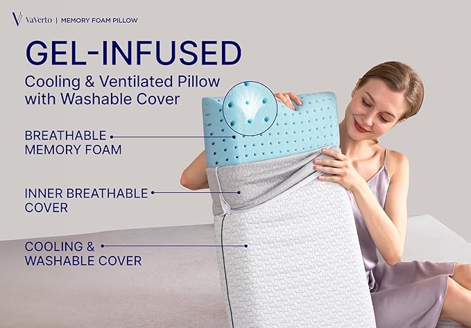 Cooling Gel Memory Foam Pillow - 1-Pack - King Size Bed Pillows For Sleeping - Medium-Firm - Back, Stomach and Side Sleeper Pillow - Shoulder & Back Pain Relief - Washable , Bamboo Viscose Cover