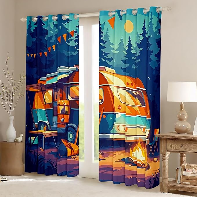 Feelyou Happy Camping Blackout Curtains Travel Car Rv Darkening Drapes for Bedroom Living Room Decor Camper Theme Thermal Insulated Shades Window Treatments, 2 Panels 52 x 84 Inch