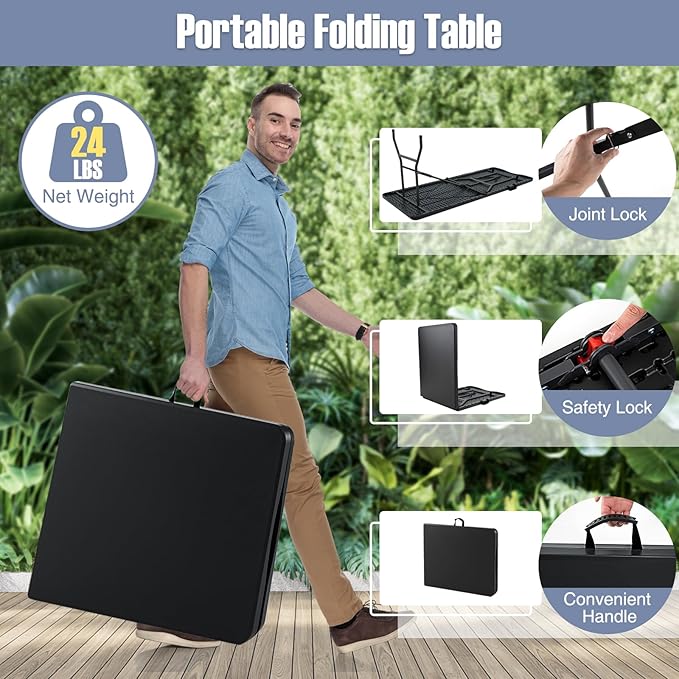 Folding Table, HDPE Portable Table with 6 ft Long Tabletop, Metal Frame Picnic Camping Table with Safe Lock, Collapsible Dining Table for Camping, Picnic, Party (Black, 6 FT)