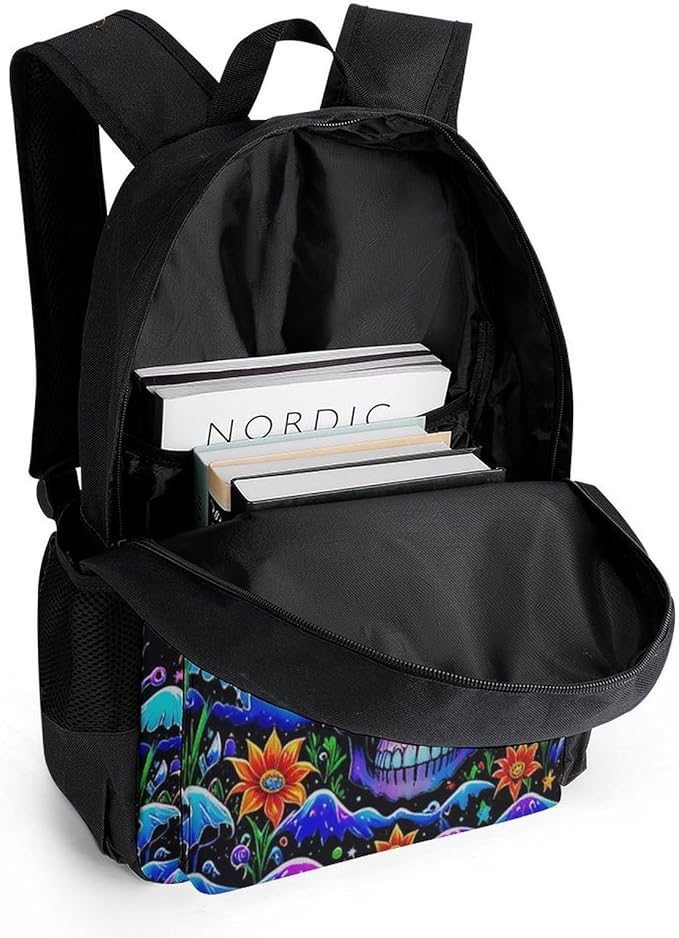 Men Women Polyester Psychedelic Skull Sun And Moon Neon Art Daypack Bookbag Big Capacity Shoulder Bag With Padded Straps for Climbing Travel Walking Cycling