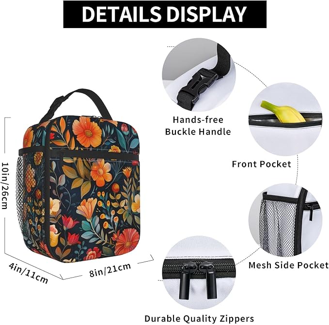 Vintage Floral Insulated Lunch Box for Women Men Retro Colorful Flower Design Lunch Bag for Work,Picnic,Travel,Hiking,Beach or Fishing Polyester Nature Lovers Lunch Box