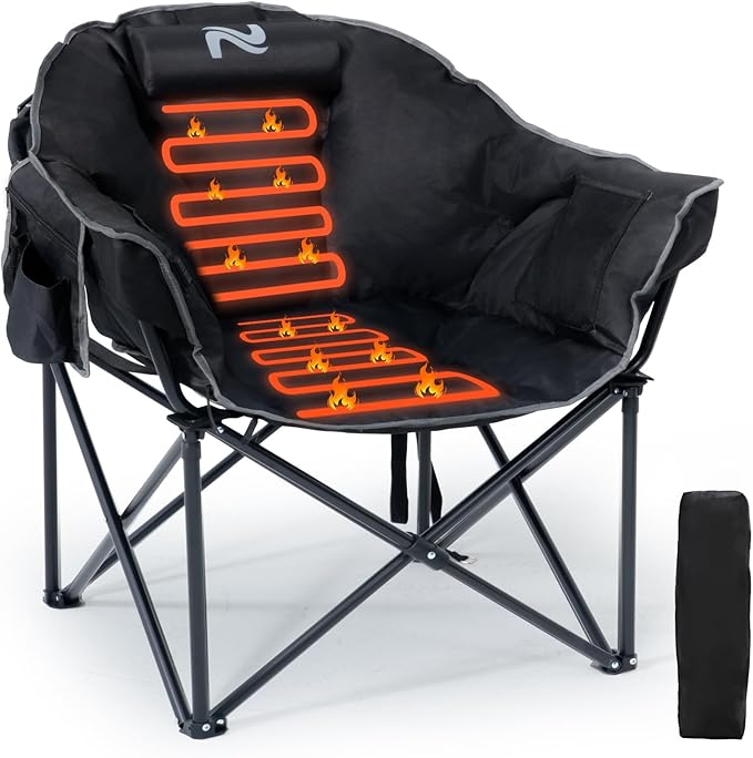 LILYPELLE Oversized Heated Camping Chair, Patio Lounge Chairs with 3 Heat Levels, Portable Folding Heated Chair Round Moon Saucer Folding Lawn Chair Outdoor Chair for Camping, Lounge Patio