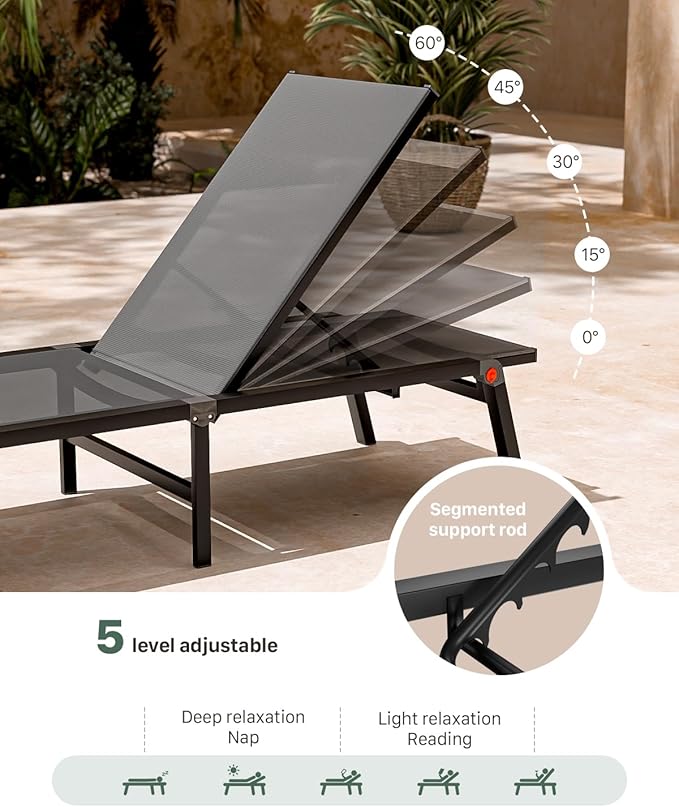 Aluminum Chaise Foldable Patio Lounge Chair Outdoor, Metal Deck Lounger Adjustable 5-Position Recliner Pool Chase Breathable Full Flat Outside Sun Tanning Chairs for Beach/Poolside/Lawn(Grey, 2 Pack)