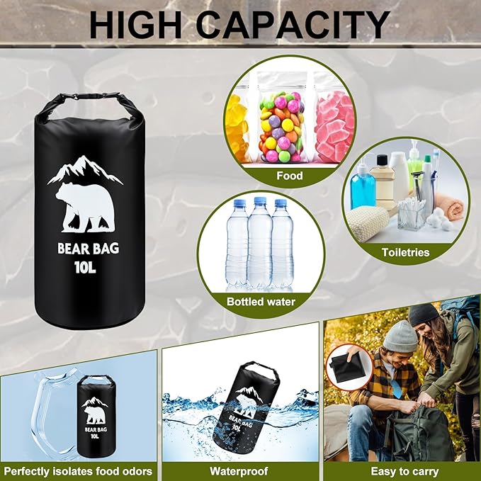 1 Set Bear Bags for Food Backpacking 10L Bear Food Bag Hanging System Bear Proof Food Storage Includes Waterproof Bear Bag, Rock Pouch, Hooks and Nylon Ropes for Camping Hiking (10 L, Black)