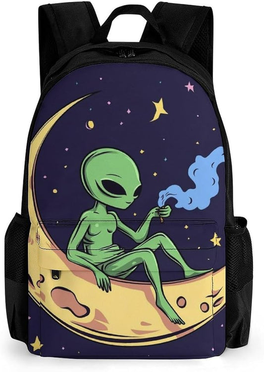 Supdreamc Polyester Daypack Backpack for Sports Travel Running, Big Capacity Anti-Theft Multipurpose Carry On Bag, Funny Alien Moon Sky Laptop Book Bag Rucksack
