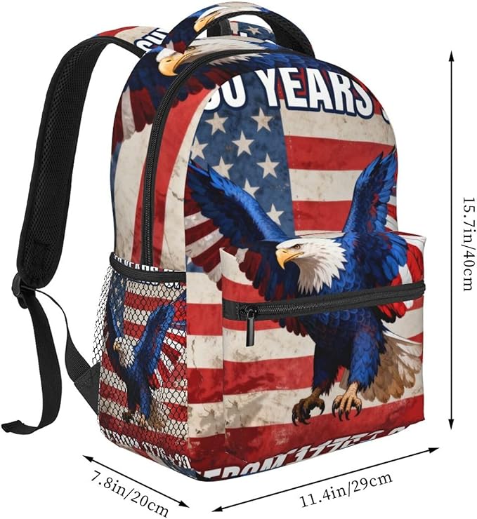 Women Men Polyester 250th Anniversary 1776-2026 Patriotic Eagle Art Casual Daypack Large Capacity Bookbag With Side Pockets for Sports Picnic Walking Cycling