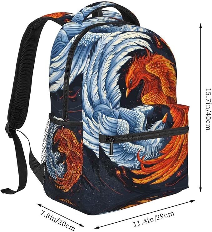 Men Women Polyester Ice Water Fire Flame Phoenix Bird Art Daypack Big Capacity Shoulder Bag With Adjustable Shoulder Straps for Camping Travel Walking Cycling