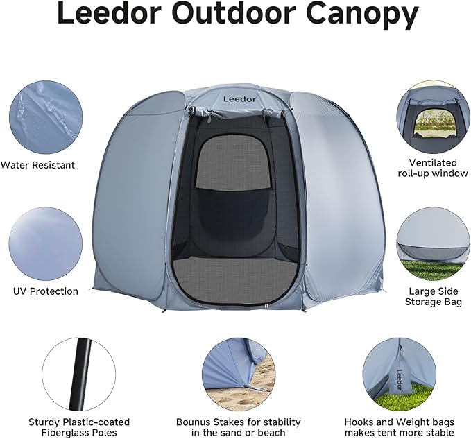 Patio Gazebo 12x12 Screen House Room, LEEDOR® Pop Up Outdoor Gazebo Tent with Roll Up Mosquito Netting, Easy Setup & Waterproof & Sunshade, Suitable for Camping Trip, Backyard, Beach, Picnic - Grey