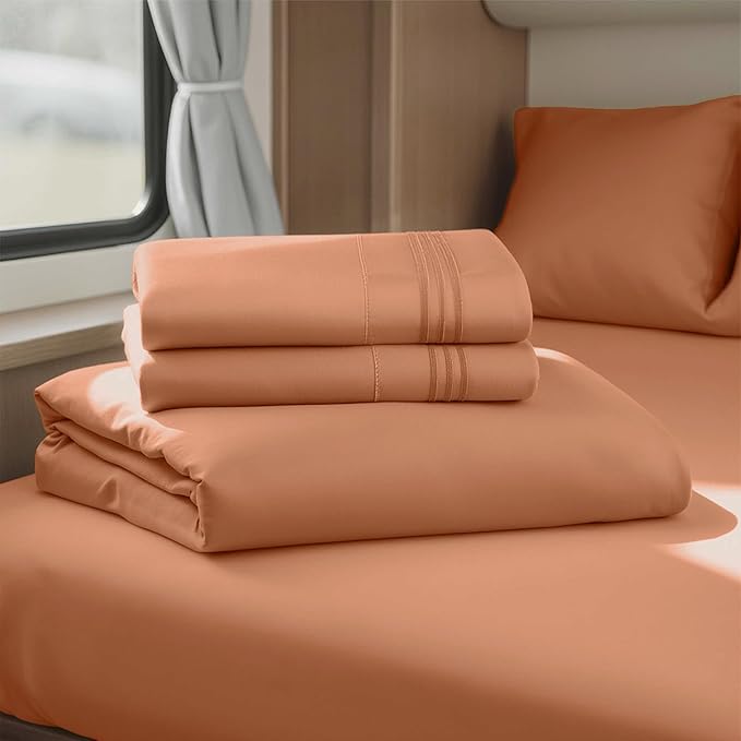 Hearth & Harbor Short Queen Sheets for RV, Rust RV Queen Sheets, Silky Soft 1800 Microfiber Bed Sheet for Camper, 4 Piece RV Bedding with Pillowcases