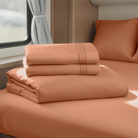 Hearth & Harbor Short Queen Sheets for RV, Rust RV Queen Sheets, Silky Soft 1800 Microfiber Bed Sheet for Camper, 4 Piece RV Bedding with Pillowcases