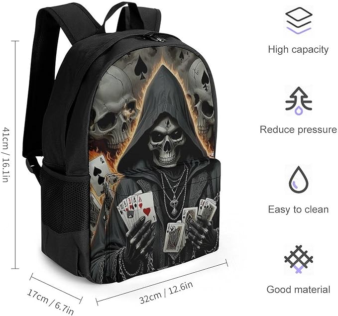 Adults Lightweight Skull Fire Poker Cards Rucksacks Large Capacity Bookbag With Adjustable Shoulder Straps for Trekking Outdoors Bicycle