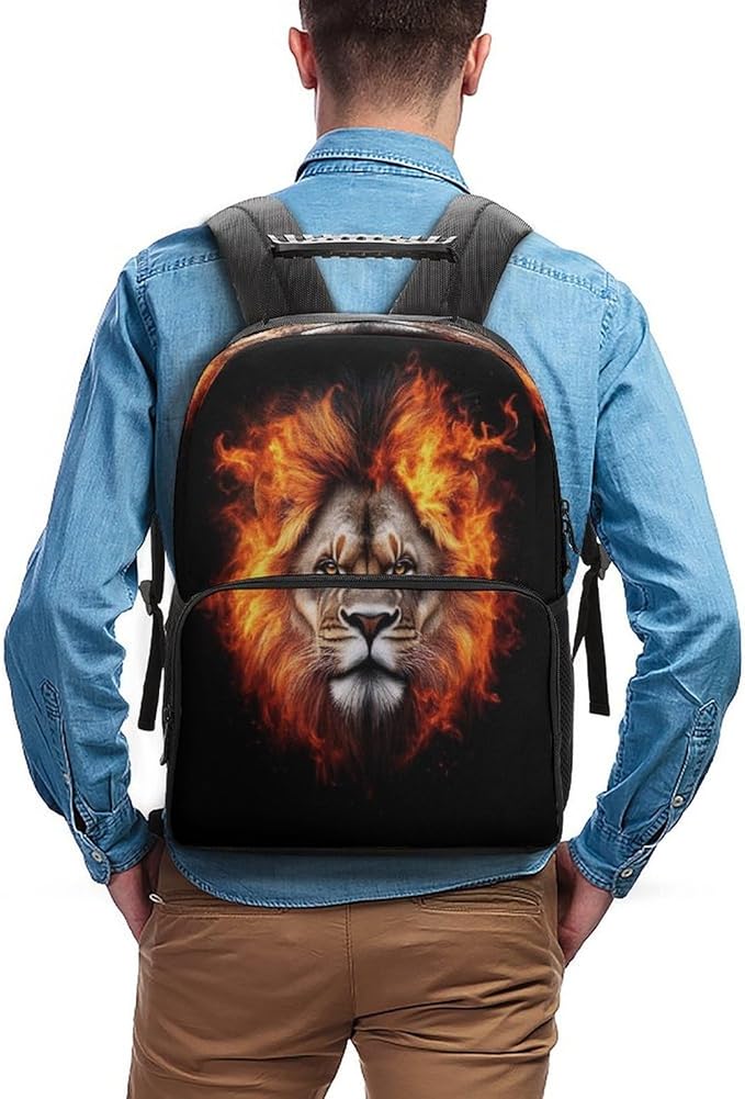 Rucksack Polyester Anti-Theft Multipurpose Cool Flaming Lion Fire Art Bookbag Big Capacity Travel and Sport Backpack Rucksack With Side Pockets