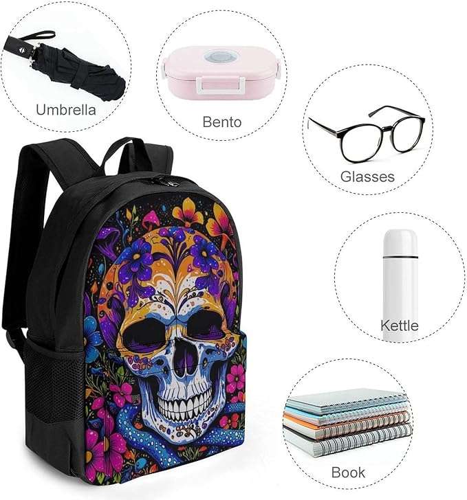 Lightweight Backpack for Gym Travel Bicycle, Big Capacity Multipurpose Anti-Theft Carry On Bag, Trippy Skull Head Mushroom Art Travel Hiking Bag Day Pack