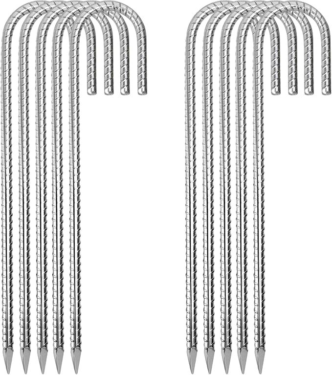 12 Inch Rebar Stakes,10 Packs Heavy Duty Metal J Hook Garden Ground Stakes for Camping Tent Canopy or Supporting for Garden Landscapes Fences Stakes (J Shape-Silver, J-12 x5/16-10pcs)