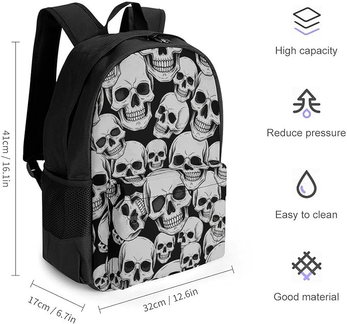 Lightweight Daypack Backpack for Trekking Work Running, Big Capacity Multipurpose Anti-Theft Bookbag, Grey And Black Skulls Head Business Computer Bag
