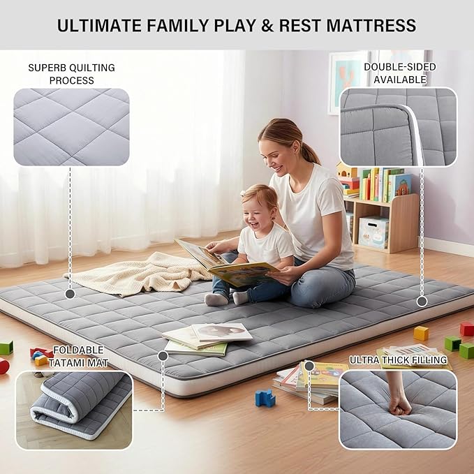 Tiita Futon Mattress 4” Thick Folding Roll Up Sleeping Pad with Bag & Strap, Bed Topper Mat for Guest, Lounger and Travel, Grey,Queen Size