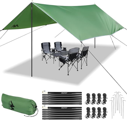 AYAMAYA Camping Tarp with Poles Heavy Duty, 10 x 15 FT Extra Large Waterproof Tarp Tent Awning, Hammock Rain Fly Sun Shelter for Camping, Beach, Picnic, Outdoor Activities