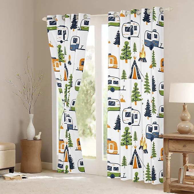 jejeloiu Happy Camping Curtains for Bedroom Living Room Camper 30%-50% Blackout Darkening Drapes Cartoon Camping Car Window Treatments, 2 Panels 42 x 84 Inch Room Decor