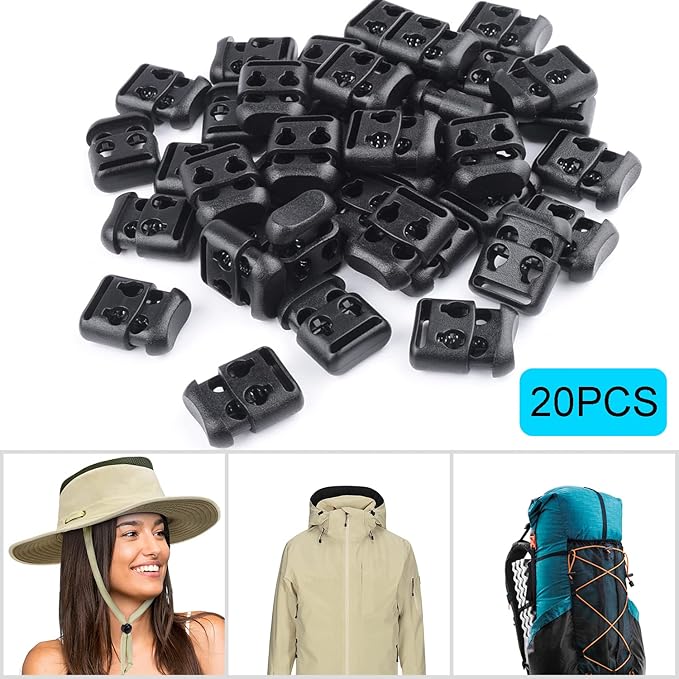 20 PCS Plastic Cord Locks for Paracord Drawstring Clip, Double Hole Spring Toggle Cord Stopper Sweatpant Hat Gloves Backpack Hoodie String Lock Elastic Shoelace Lock Fastener