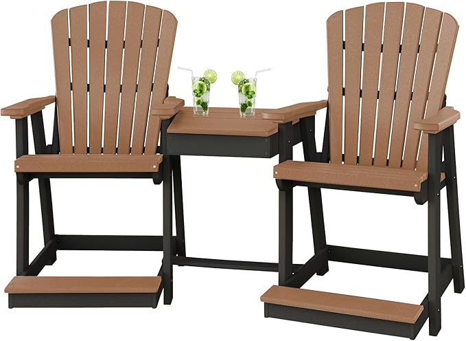 DutchCrafters Plastic Poly Outdoor Bistro Set with 2 Chairs and Attached Center Table, 3 Piece Patio Furniture Set - Amish Made in USA (Black & Cedar)