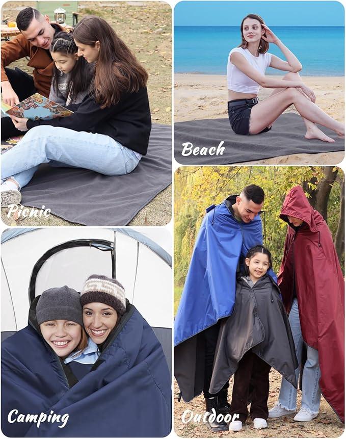 DUKUSEEK Hooded Outdoor Blanket, Extra Large (79 "x 56") Waterproof Camping Blanket, Quilted Fleece, Warm, Windproof, Sand Proof, Portable and Wear-Resistant, for Sports, Picnic, Hiking, Travel…