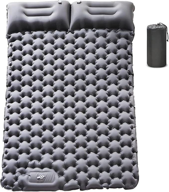 Inflatable Double Camping Mat with Pillow, Build-in Foot Pump Ultralight Sleeping Air Matress Pad for 2 Person, Portable Bed Compact for Camping Hiking Backpacking Outdoor (Grey, Double)