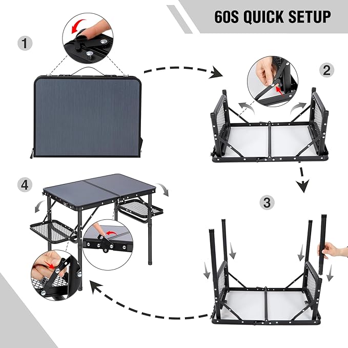 RedSwing Small Folding Table 2ft, Adjustable Height with Extra Space, Lightweight and Portable Aluminum Frame Camping Table for Outdoor Indoor Picnic, Black