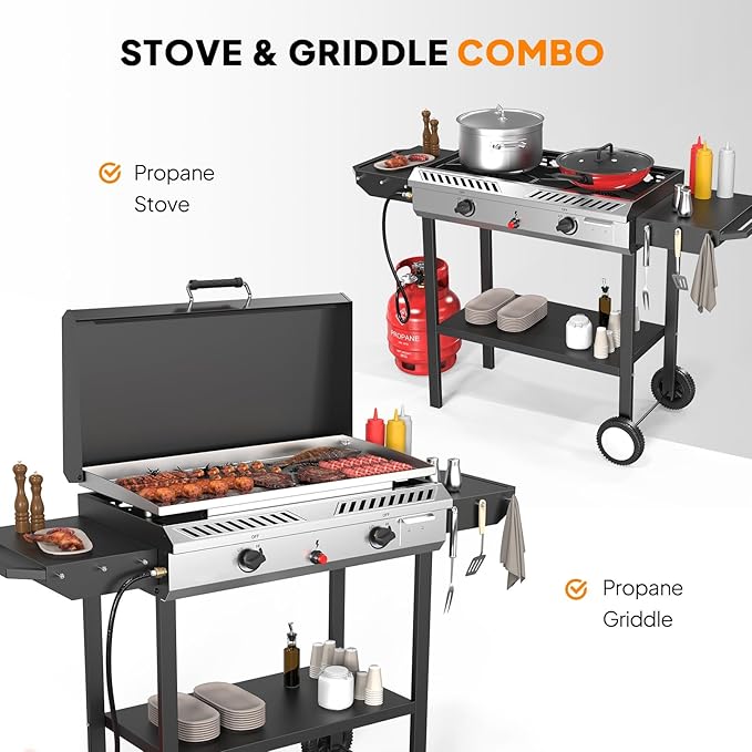 Bonnlo 2-in-1 Propane Stove and Griddle, Iginition Outdoor Gas Cooker with Storage Shelf and Portable Wheels, 2 Burner Camping Stove with 150000BTU Output for Backyard Cooking BBQ Frying and Boiling