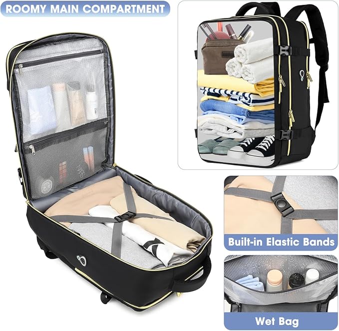 Large Carry On Travel Backpack - Flight Approved Waterproof Anti-Theft Luggage Daypack for Women Men Fit 17 Inch Laptop Business Weekender Overnight Backpack College Bag Personal Item Size Black