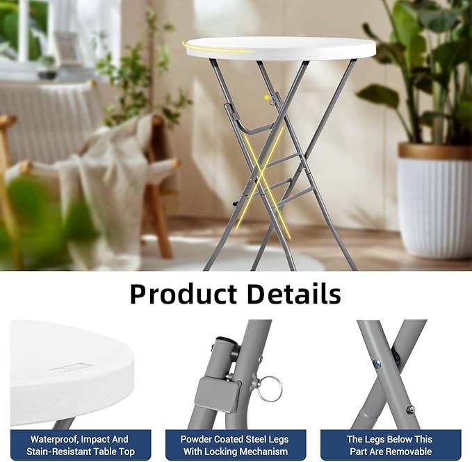 28in Cocktail Table White High Top Folding, Round Portable Bar Height Folding Table with Removable Legs, Indoor Outdoor Banquet for Parties, Commercial, Speech, School