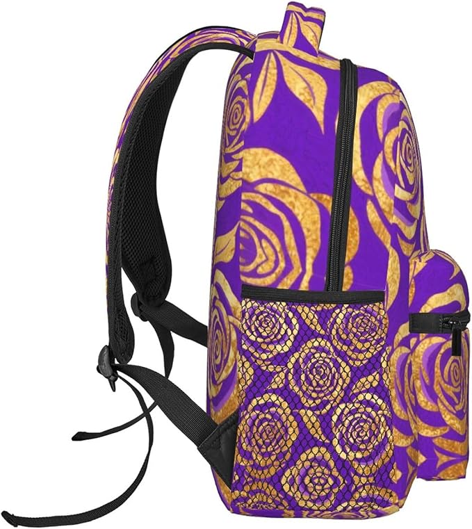 Casual Daypack Multipurpose Anti-Theft Large Capacity Carry On Bag, Purple Gold Rose Art Casual Daypack Climbing Shoulder Bag With Padded Straps