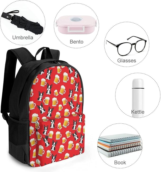 Supdreamc Polyester Daypack Backpack for Climbing Outdoors Running, Big Capacity Multipurpose Anti-Theft Bookbag, Happy New Year Boston Terriers Beer Red Travel Hiking Camping Rucksack